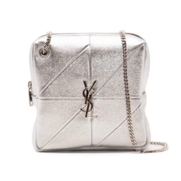 Yves Saint Laurent Handbags - SAINT LAURENT JAMIE YSL METALLIC CUBE SILVER LEATHER CROSS BODY BAG